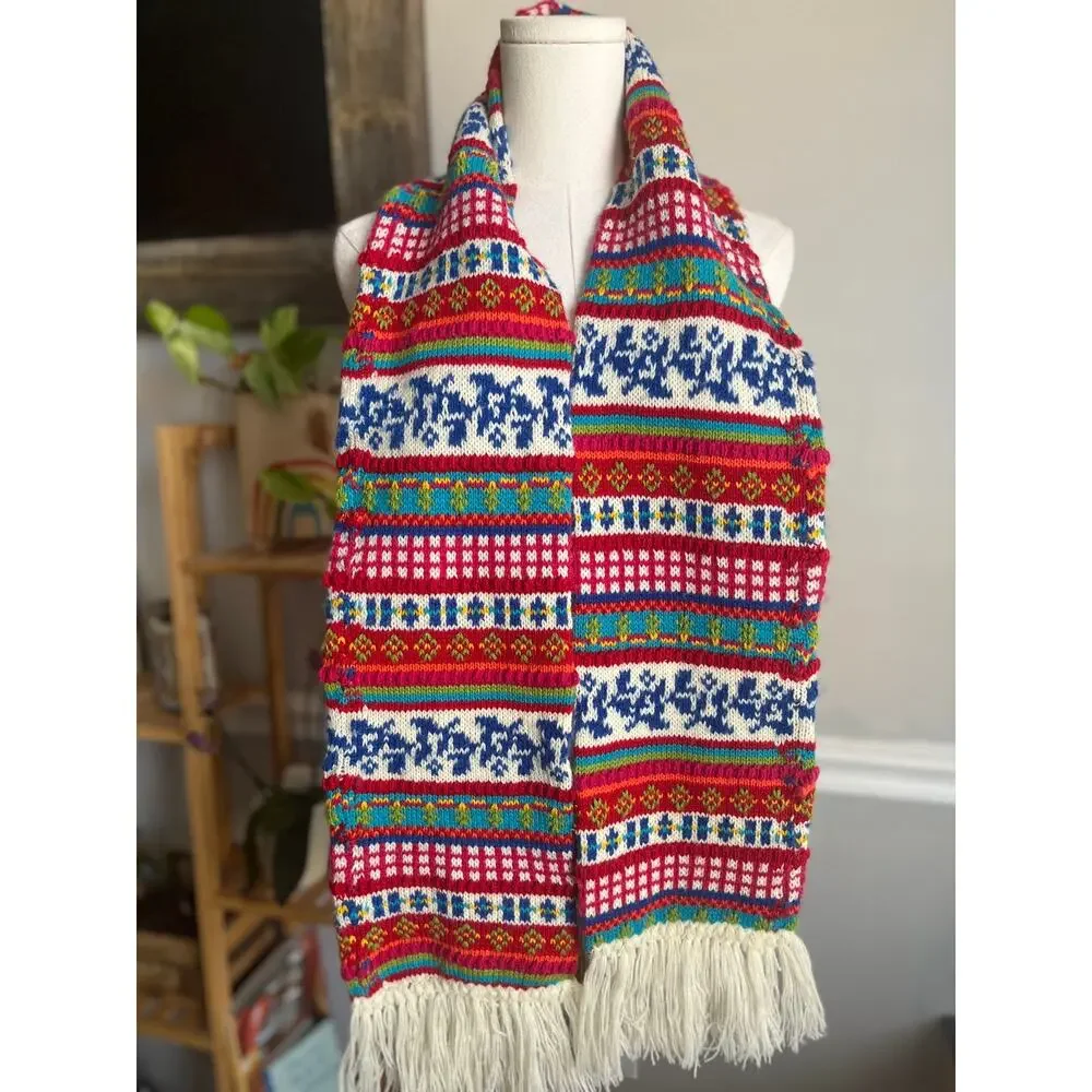 Vintage 90s Striped Knit Fringe Scarf Colorful Fair Isle Scandinavian